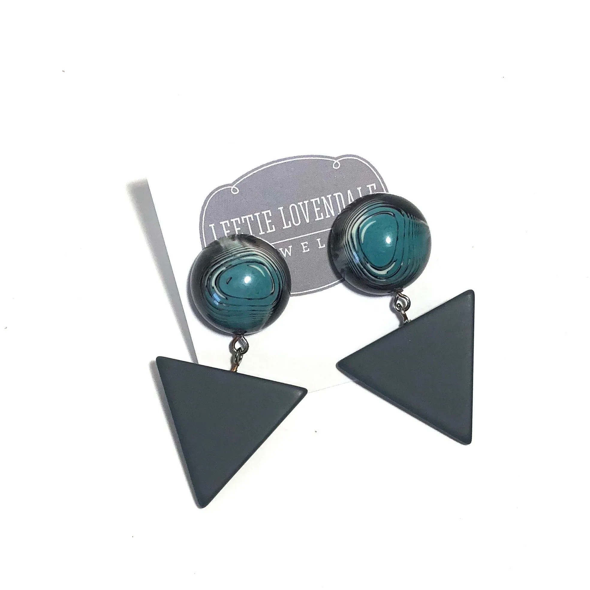 Blue Black & Grey Marble Statement Triangle Drop Earrings