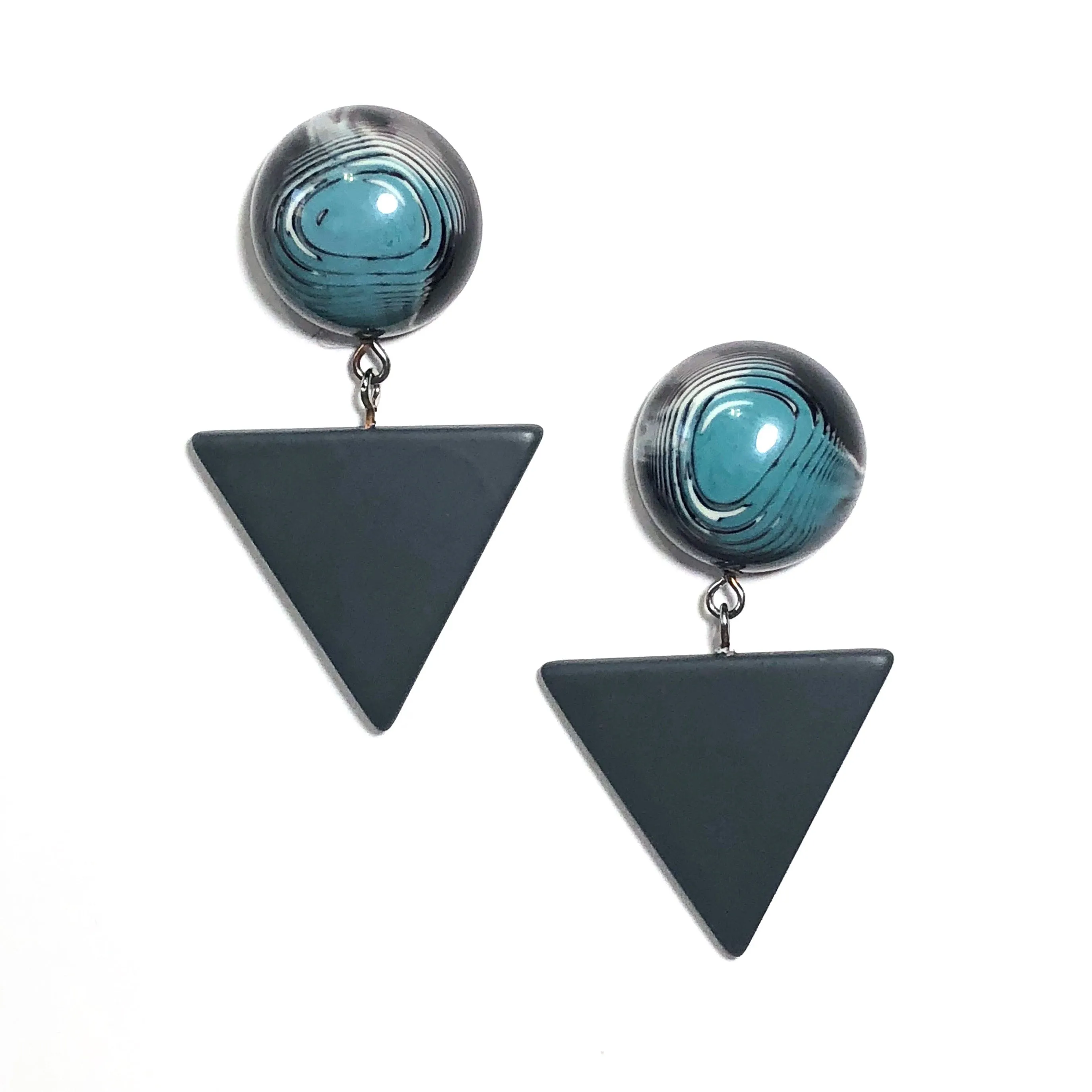 Blue Black & Grey Marble Statement Triangle Drop Earrings