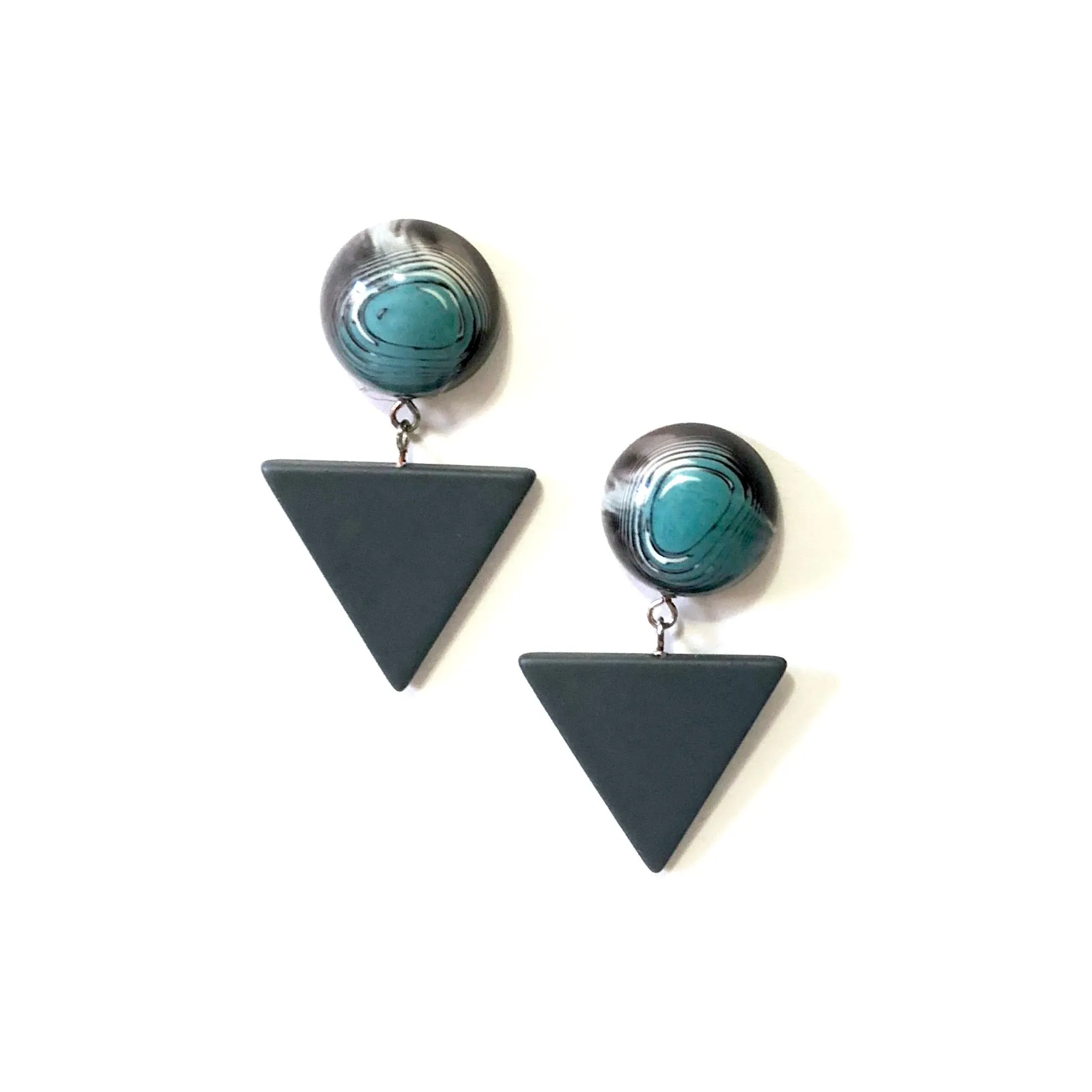 Blue Black & Grey Marble Statement Triangle Drop Earrings