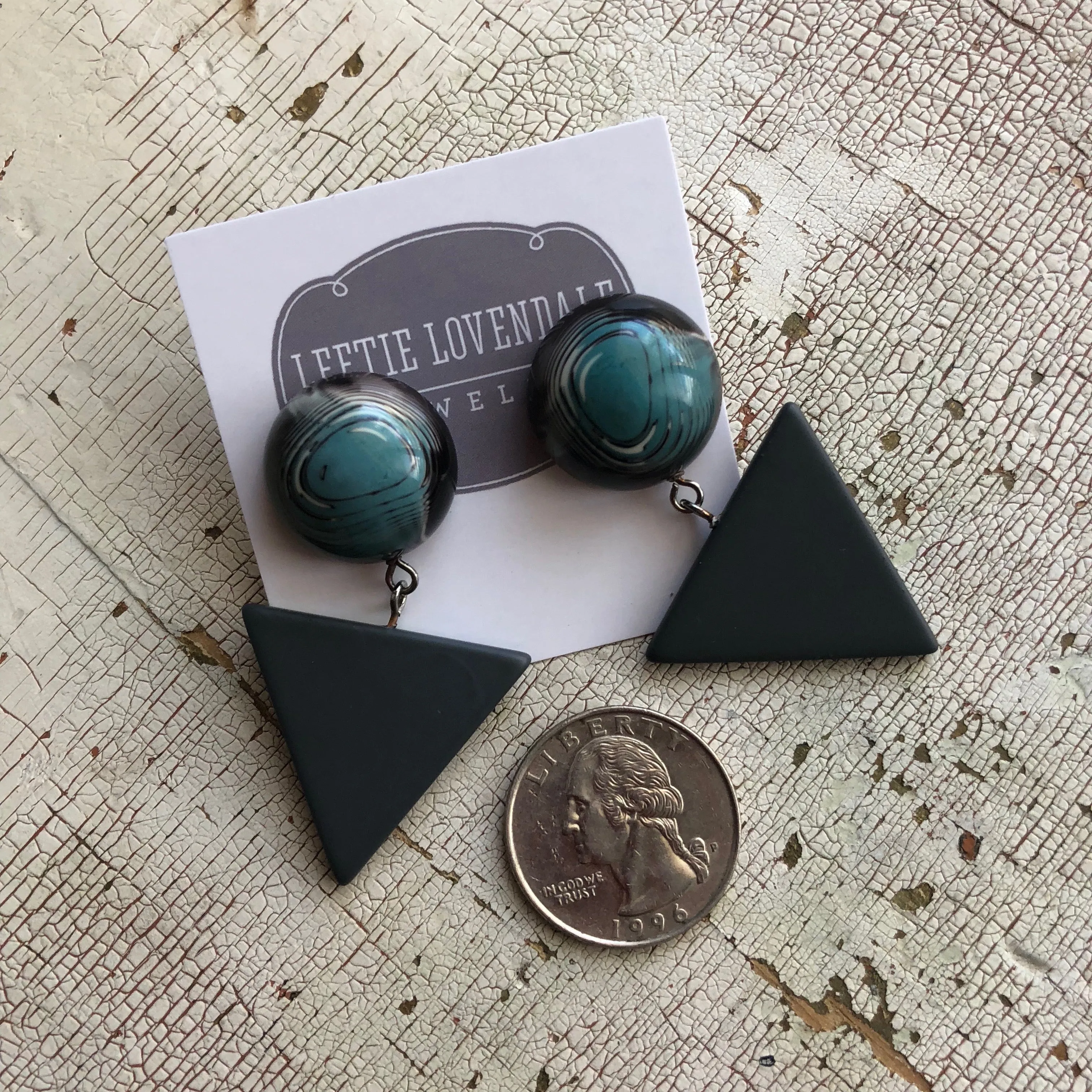 Blue Black & Grey Marble Statement Triangle Drop Earrings