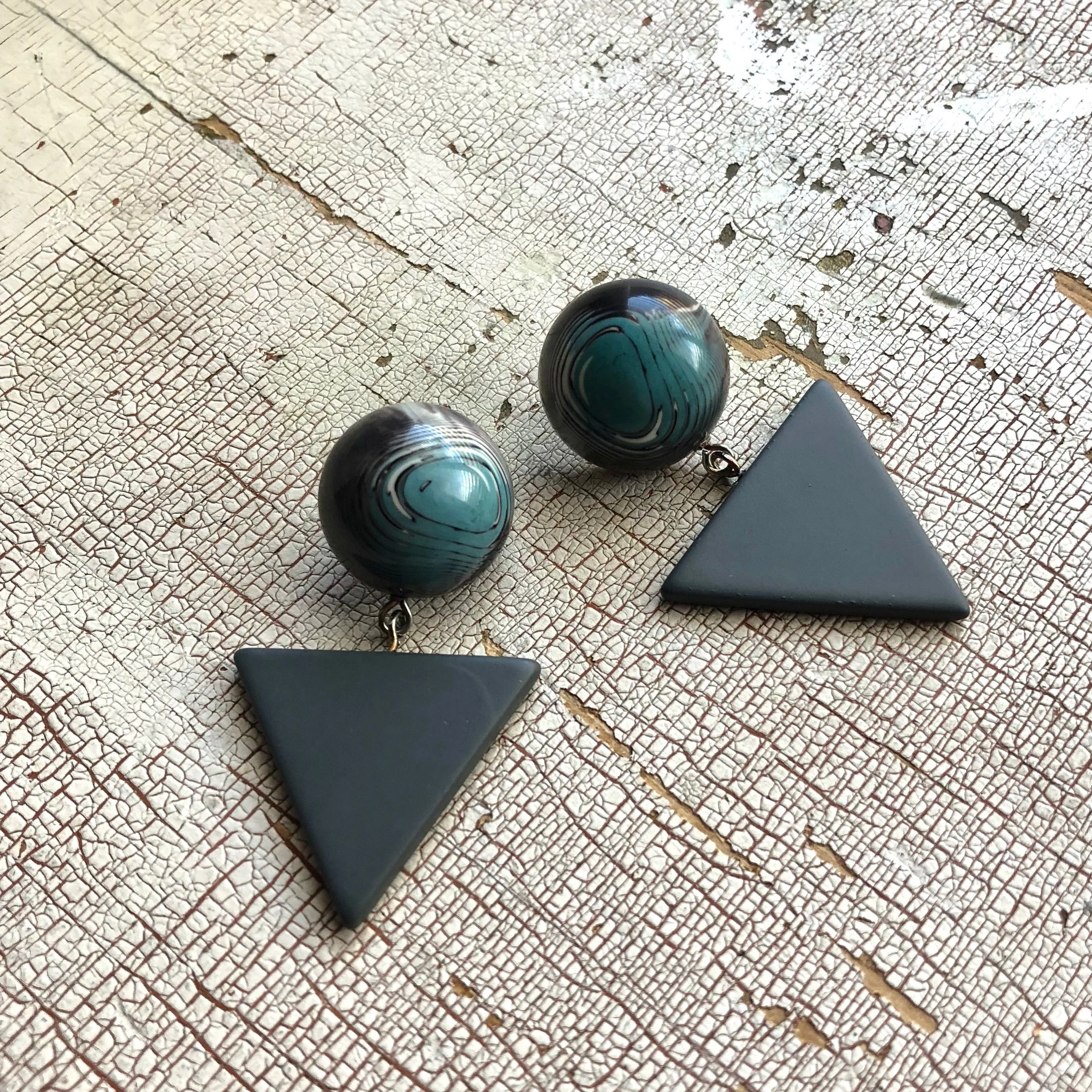 Blue Black & Grey Marble Statement Triangle Drop Earrings