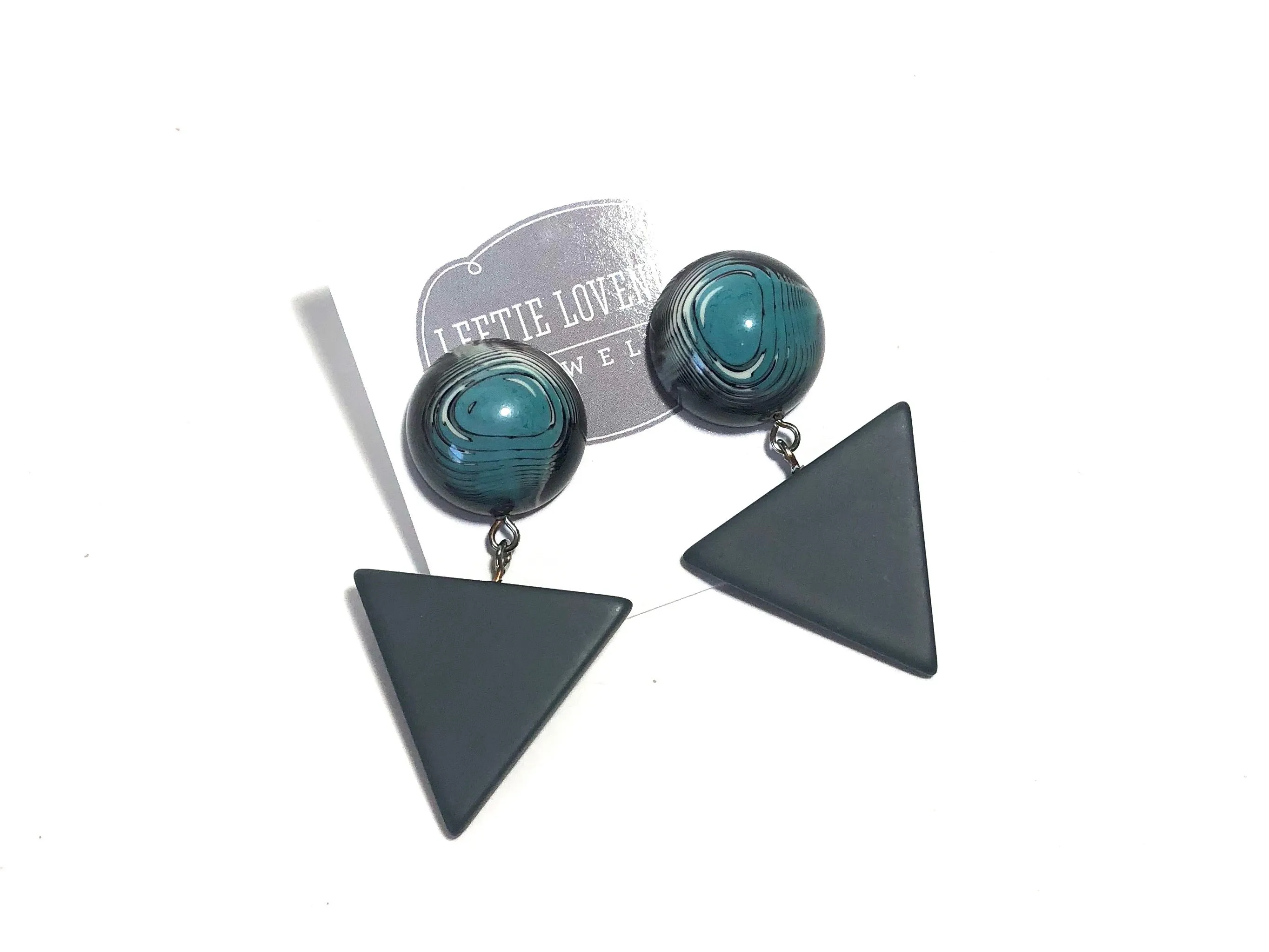 Blue Black & Grey Marble Statement Triangle Drop Earrings