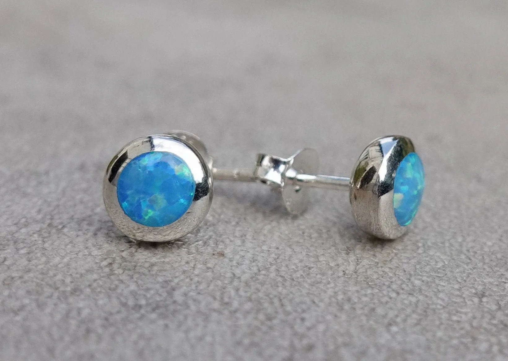 Blue Opal Opalique Round Silver Studs, OPS1