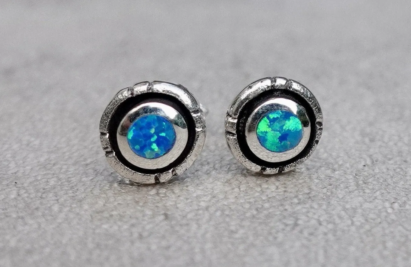 Blue Opal Opalique Round Silver Studs, OPS3BOP
