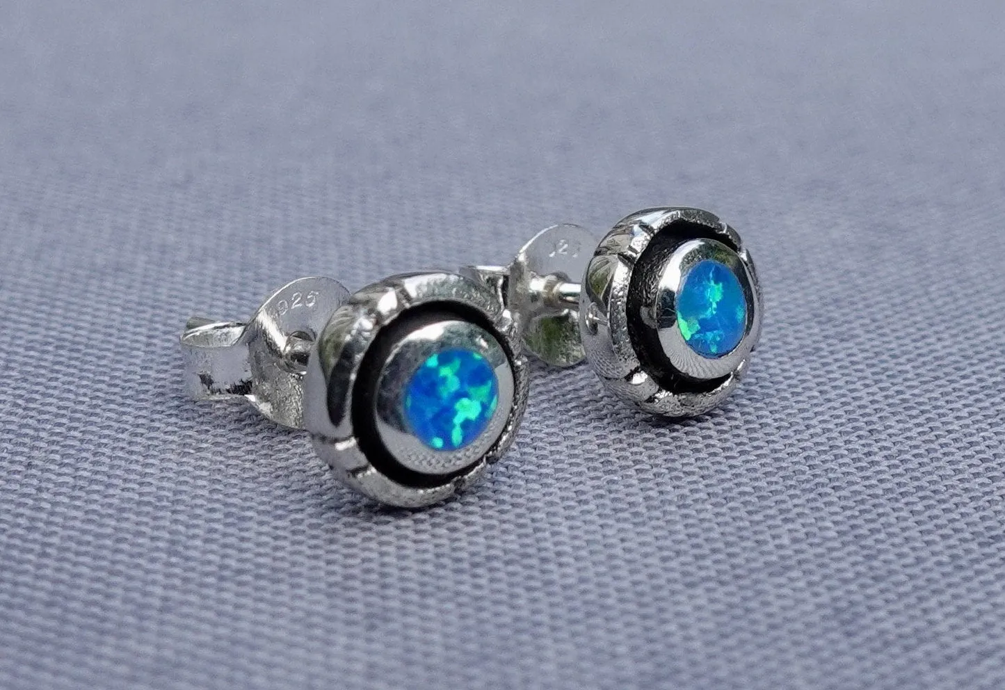 Blue Opal Opalique Round Silver Studs, OPS3BOP