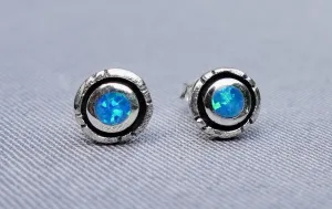 Blue Opal Opalique Round Silver Studs, OPS3BOP