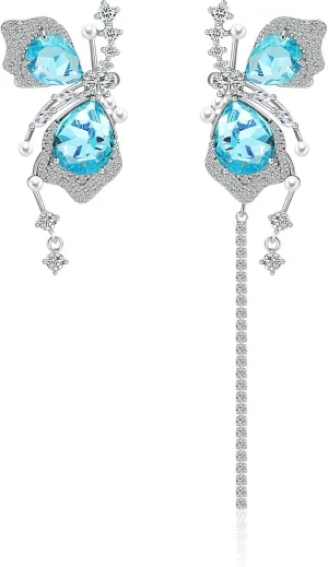 Blue Rhinestone Ear Clip Earrings Butterfly Ear Cuff Asymmetrical Non-Pierced Earrings
