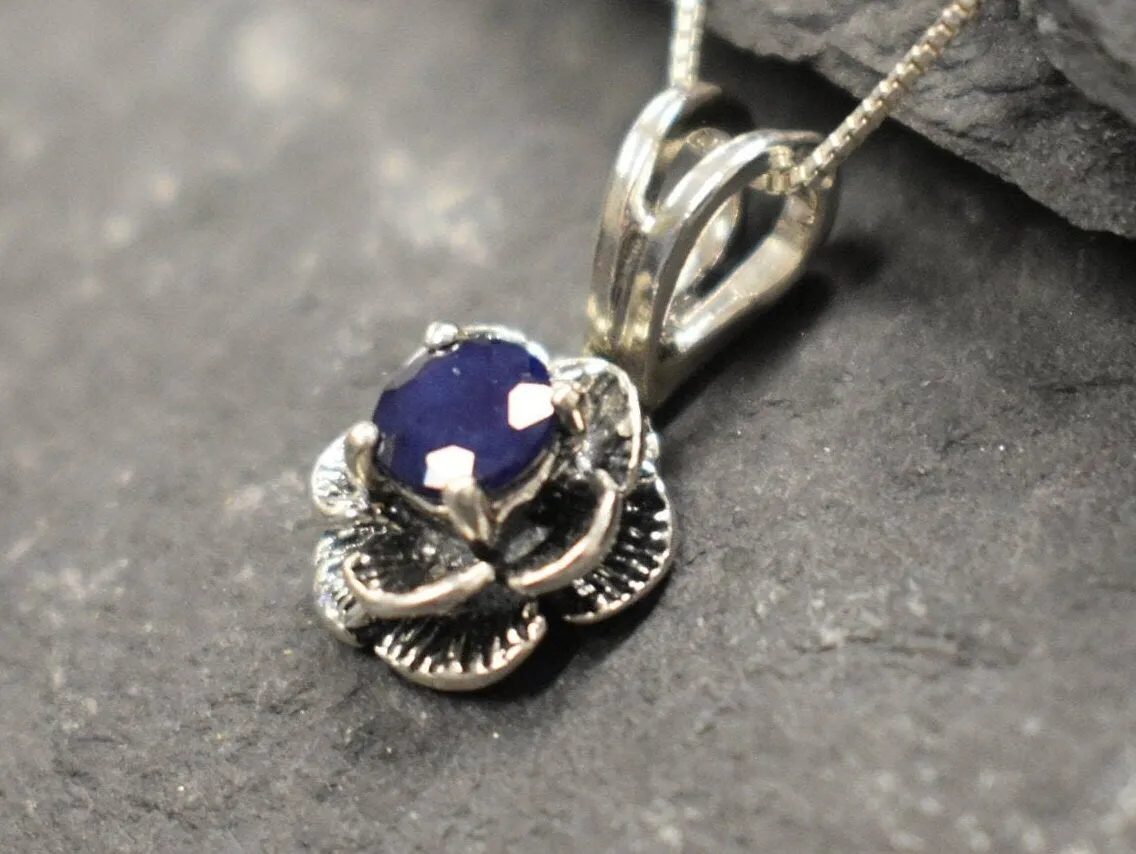 Blue Rose Pendant - Natural Sapphire Necklace - Vintage Flower Necklace