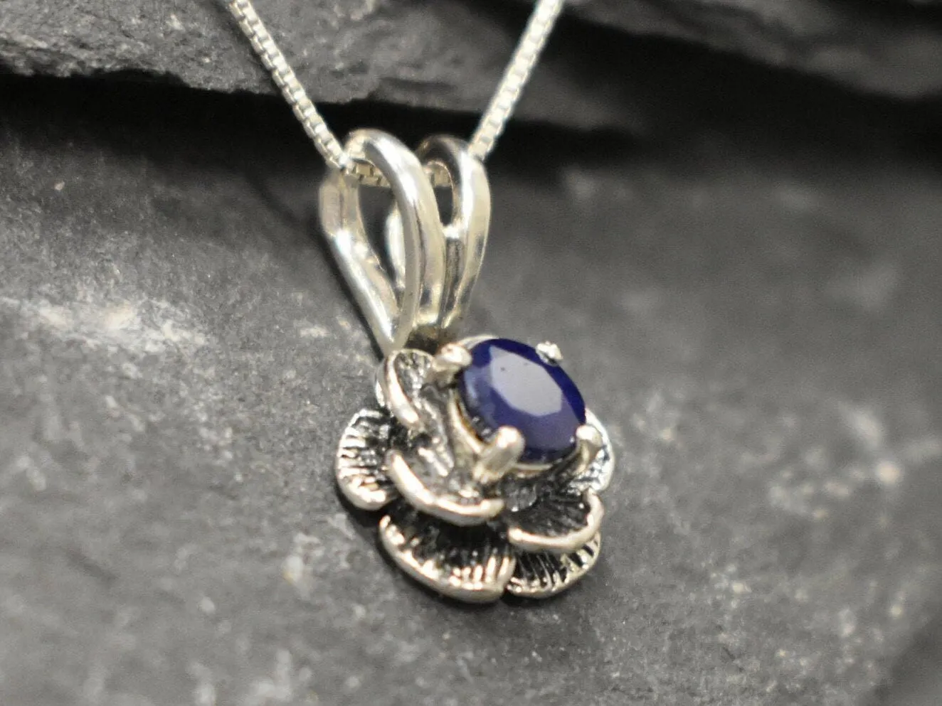 Blue Rose Pendant - Natural Sapphire Necklace - Vintage Flower Necklace