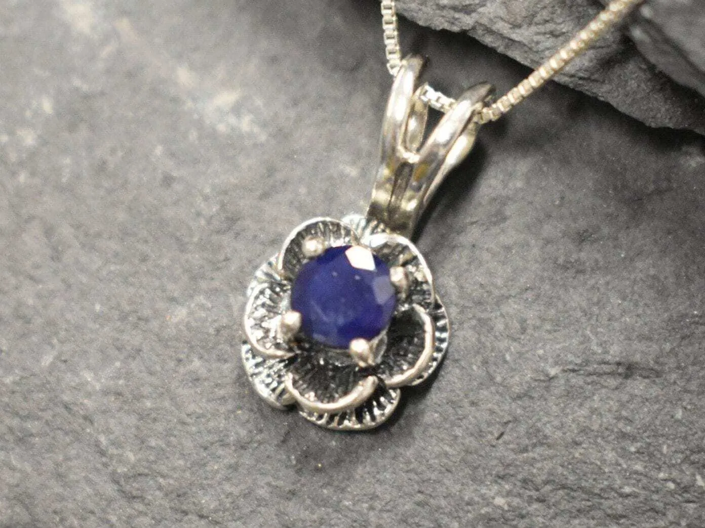 Blue Rose Pendant - Natural Sapphire Necklace - Vintage Flower Necklace