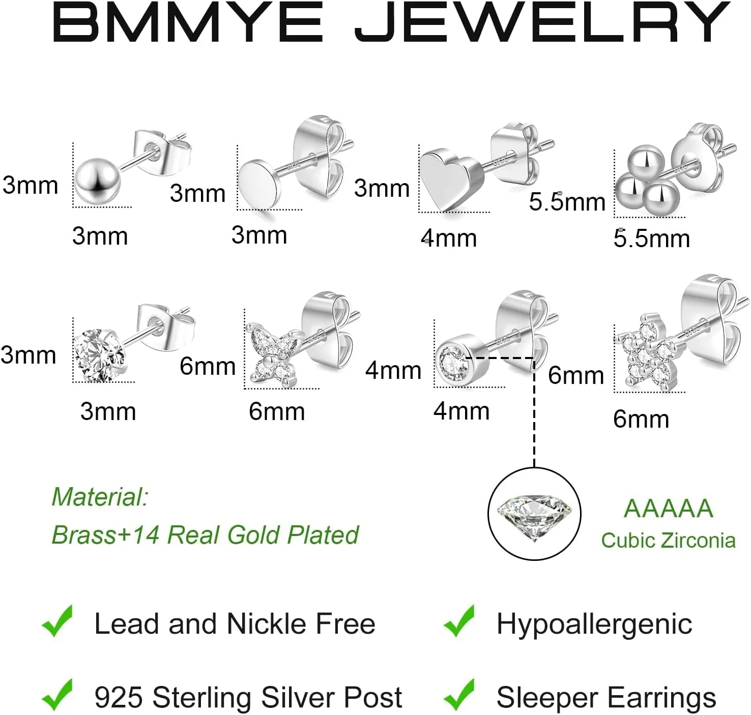 BMMYE 4/6/8Pcs Sterling Silver Stud Earrings for Women Hypoallergenic Cubic Zirconia Earrings Studs Small Gold Studs Earrings for Women Gift