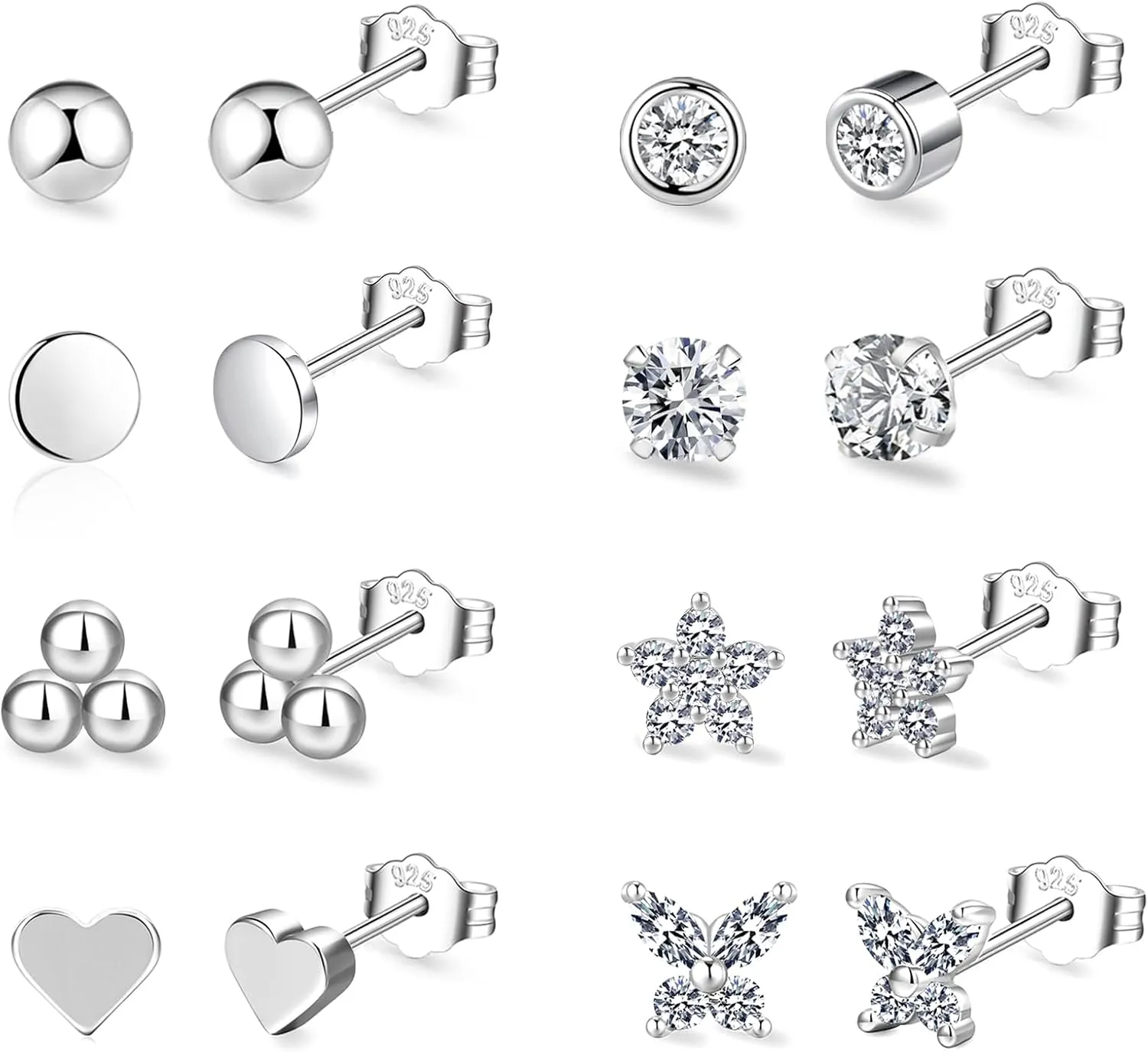 BMMYE 4/6/8Pcs Sterling Silver Stud Earrings for Women Hypoallergenic Cubic Zirconia Earrings Studs Small Gold Studs Earrings for Women Gift