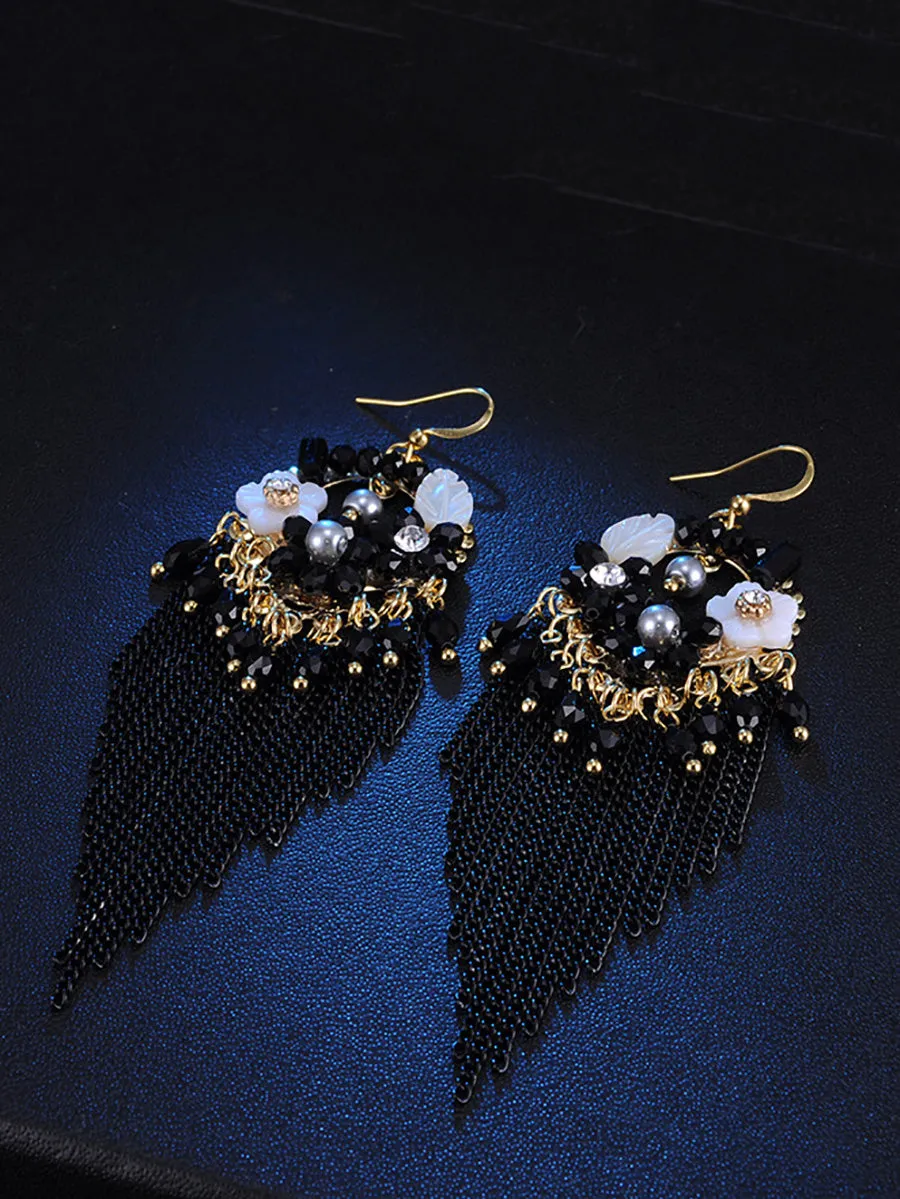 Bohemia Women Tassel Bead Flower Alloy Earrings FD011