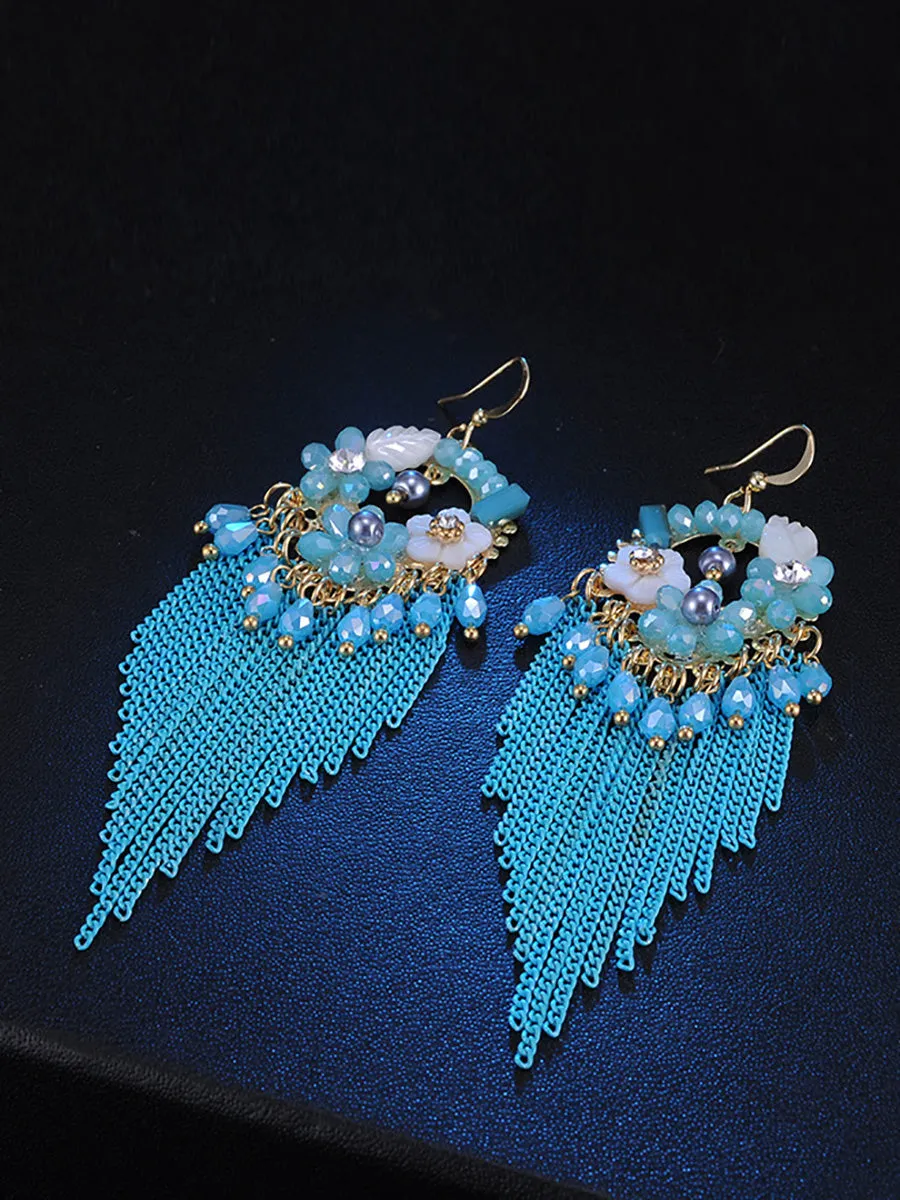 Bohemia Women Tassel Bead Flower Alloy Earrings FD011