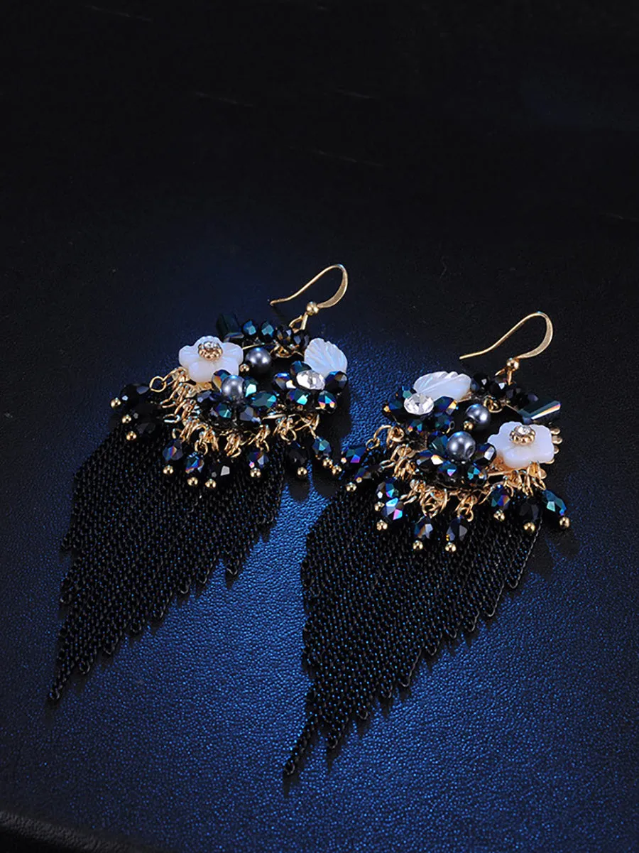 Bohemia Women Tassel Bead Flower Alloy Earrings FD011