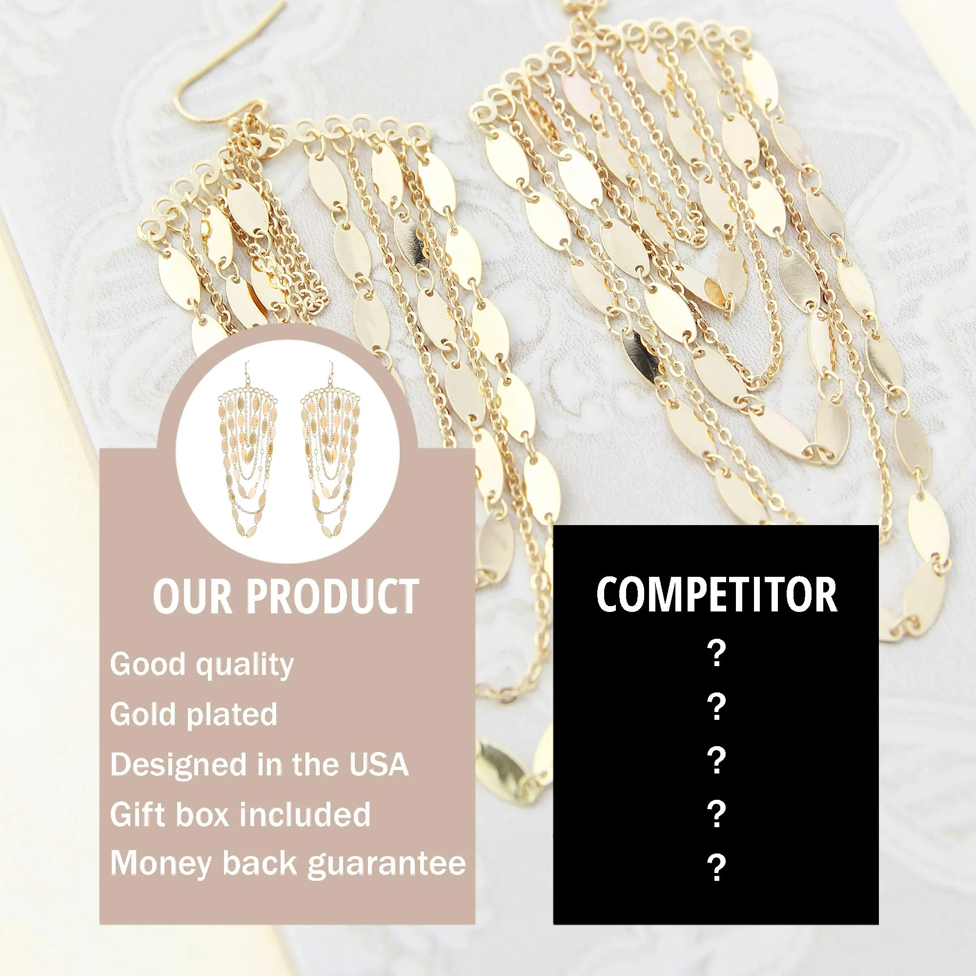 Bohemian Boho Tassel Dangle Drop Earrings for Women – Lightweight Filigree Gypsy Coin Chandelier Disc Charm Hoops – included Gift Box Chandelier - Gold