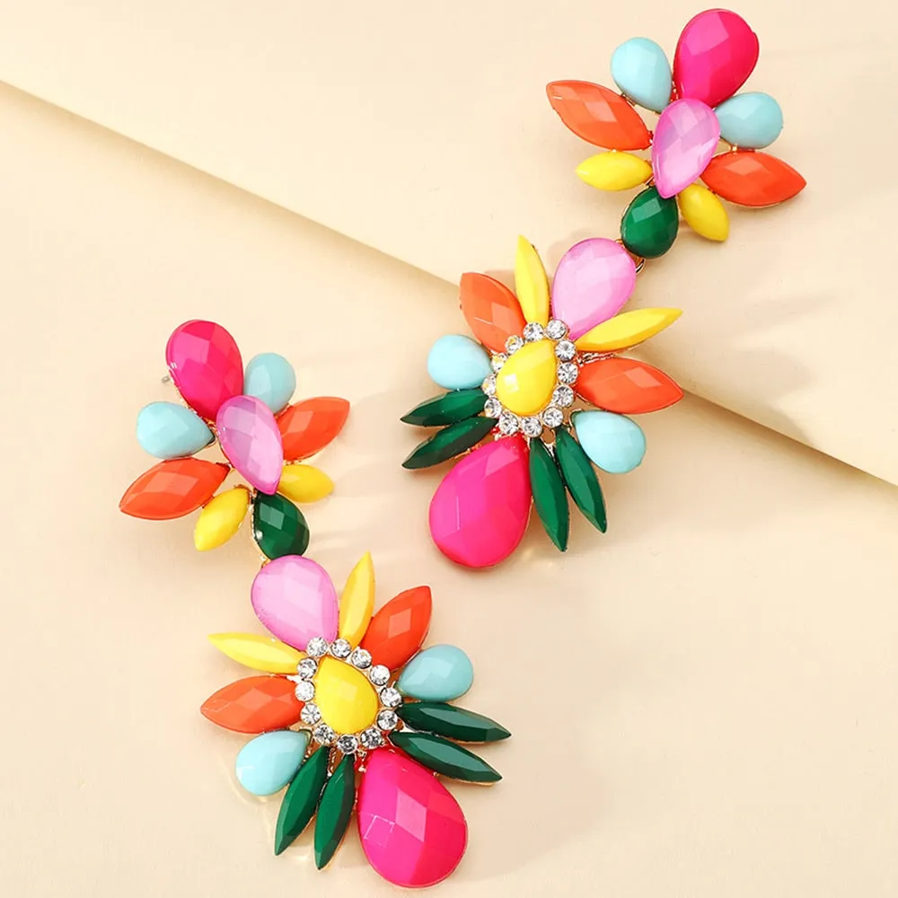 Bohemian Fashion Colorful Crystal Geometric Big Dangle Earrings For Women