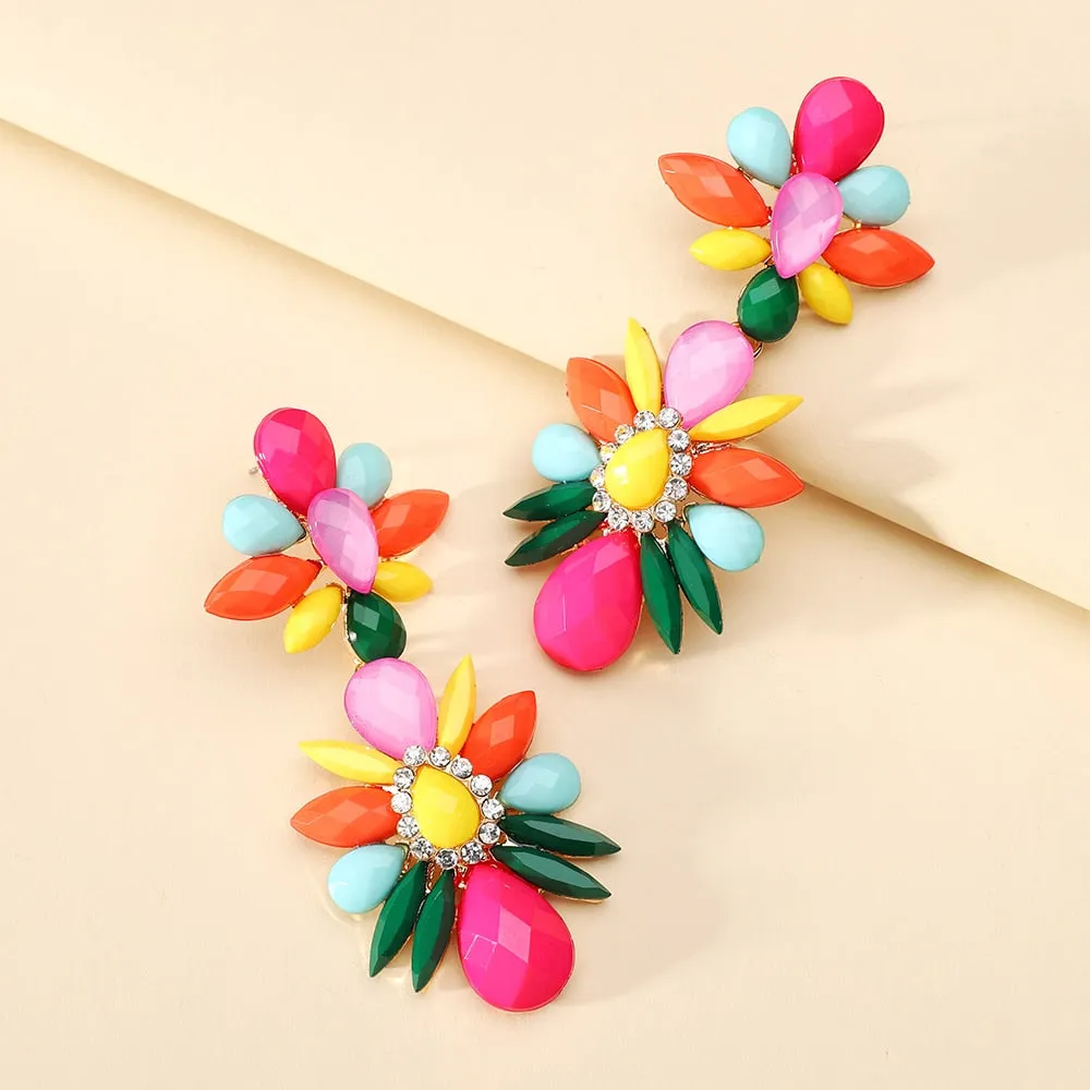 Bohemian Fashion Colorful Crystal Geometric Big Dangle Earrings For Women