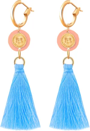 Bohemian Long Dangle Blue Tassel Hoop Earrings for Women, Gold Smiley Face Sun Tassel Earrings with Pink Round Disc, Boho Fringe Chandelier Statement Earrings Trendy Summer Jewelry Gift for Women