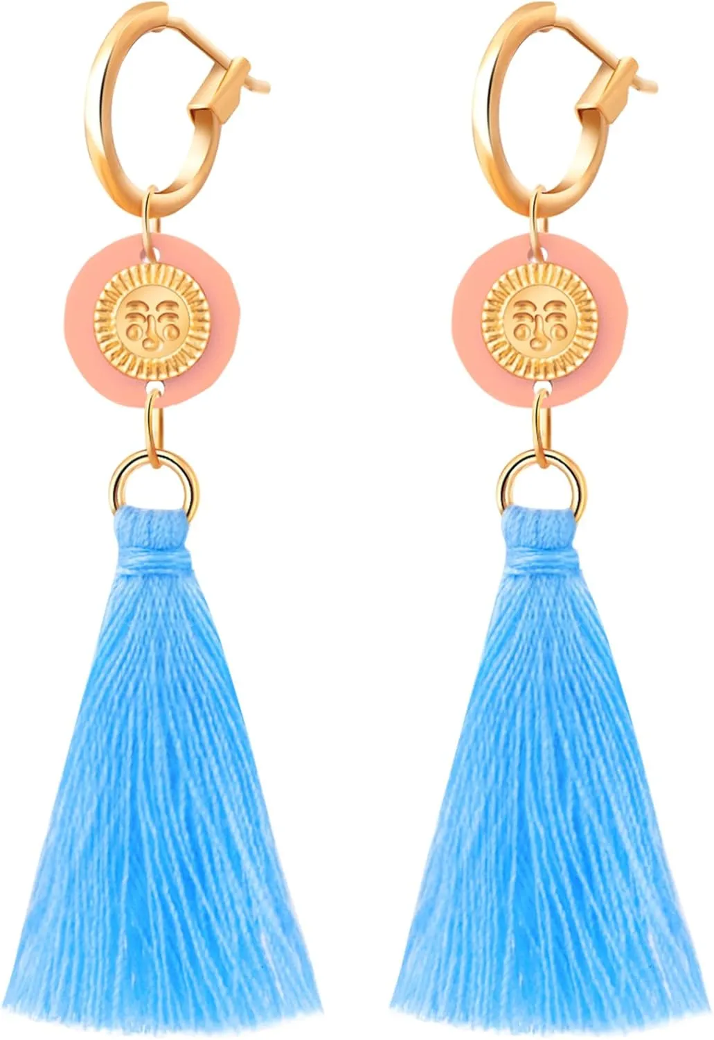 Bohemian Long Dangle Blue Tassel Hoop Earrings for Women, Gold Smiley Face Sun Tassel Earrings with Pink Round Disc, Boho Fringe Chandelier Statement Earrings Trendy Summer Jewelry Gift for Women