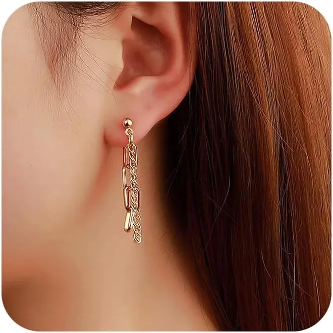 Bohemian Tassel Chain Dangle Earrings Gold Paper Clip Chain Jacket Earrings Minimalist Paperclip Chain Drop Earrings Long Curb Link Chain Tassel Earrings Jewelry for Women