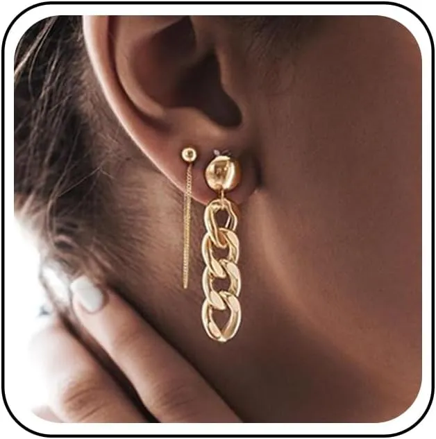 Bohemian Tassel Chain Jacket Earrings Gold Curb Chain Dangle Earrings Round Metal Beaded Stud Earrings Minimalist Tassel Drop Earrings Jewelry for Women