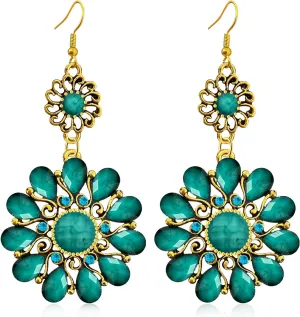 Bohemian Vintage Sparkly Crystal Flower Dangle Drop Earrings Retro Floral Rhinestone Chandelier Earring For Women