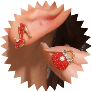 Boho CZ Bag Stud Earrings Red Cute Bag High Heel Earrings Vintage Crystal High Heel Earrings Asymmetrical Minimalist Statement Earrings Jewelry for Women