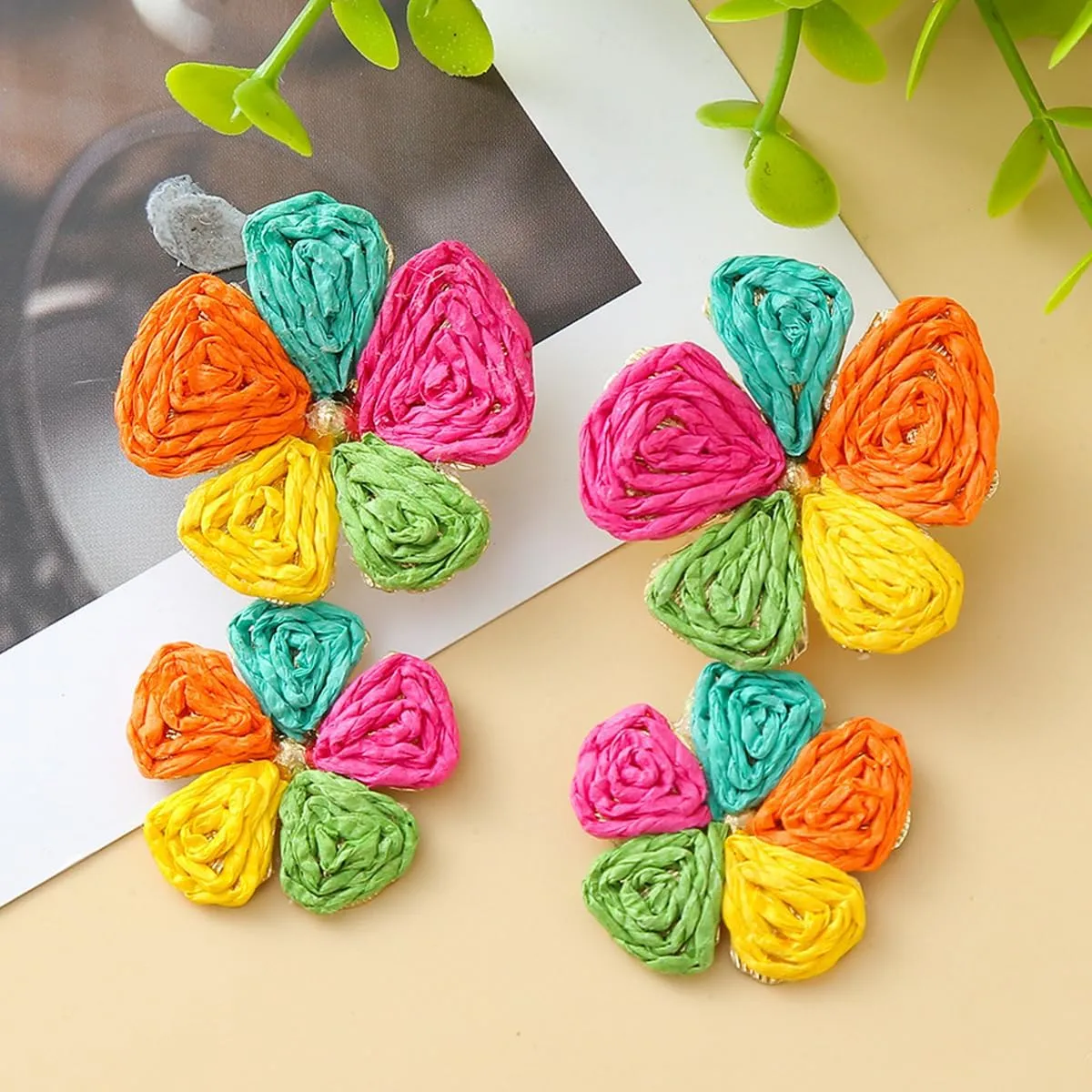 Boho Floral Raffia Earrings for Women Lightweight Flower Design Dangle Earrings Spring Summer Trendy Accessories for Outfits