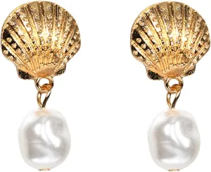 Boho Gold Pearl Shell Dangle Earrings for Women Trendy Seashell Bead Drop Earrings Minimalist Ocean Conch Earrings Beach Jewelry Gifts