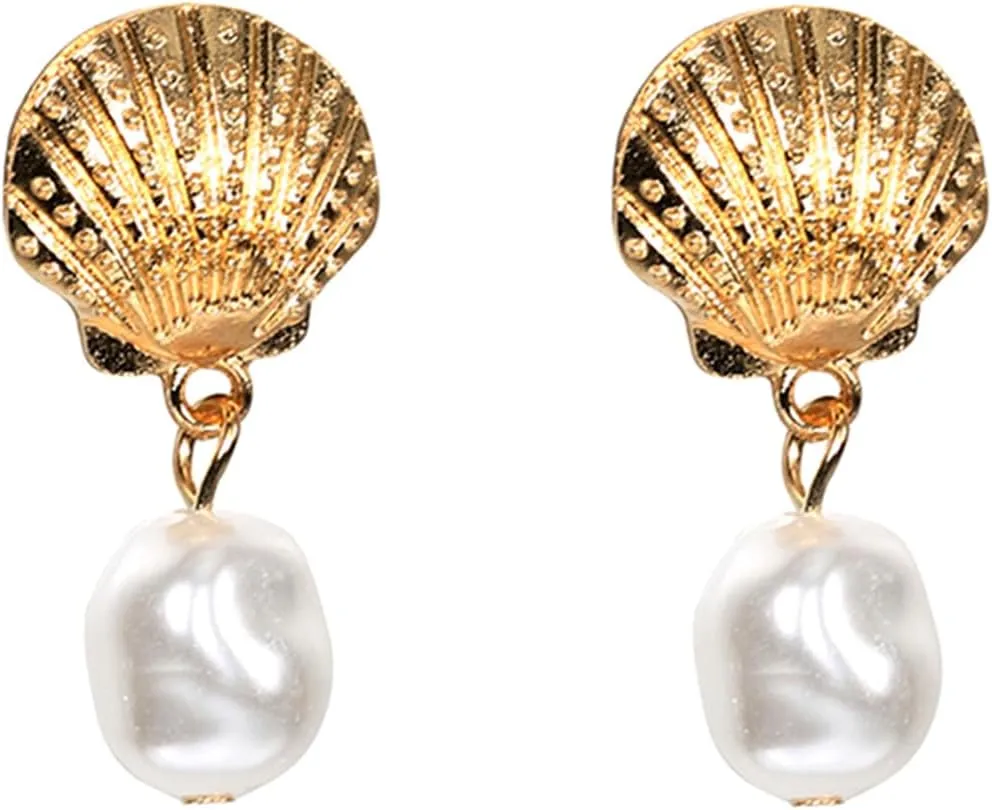 Boho Gold Pearl Shell Dangle Earrings for Women Trendy Seashell Bead Drop Earrings Minimalist Ocean Conch Earrings Beach Jewelry Gifts