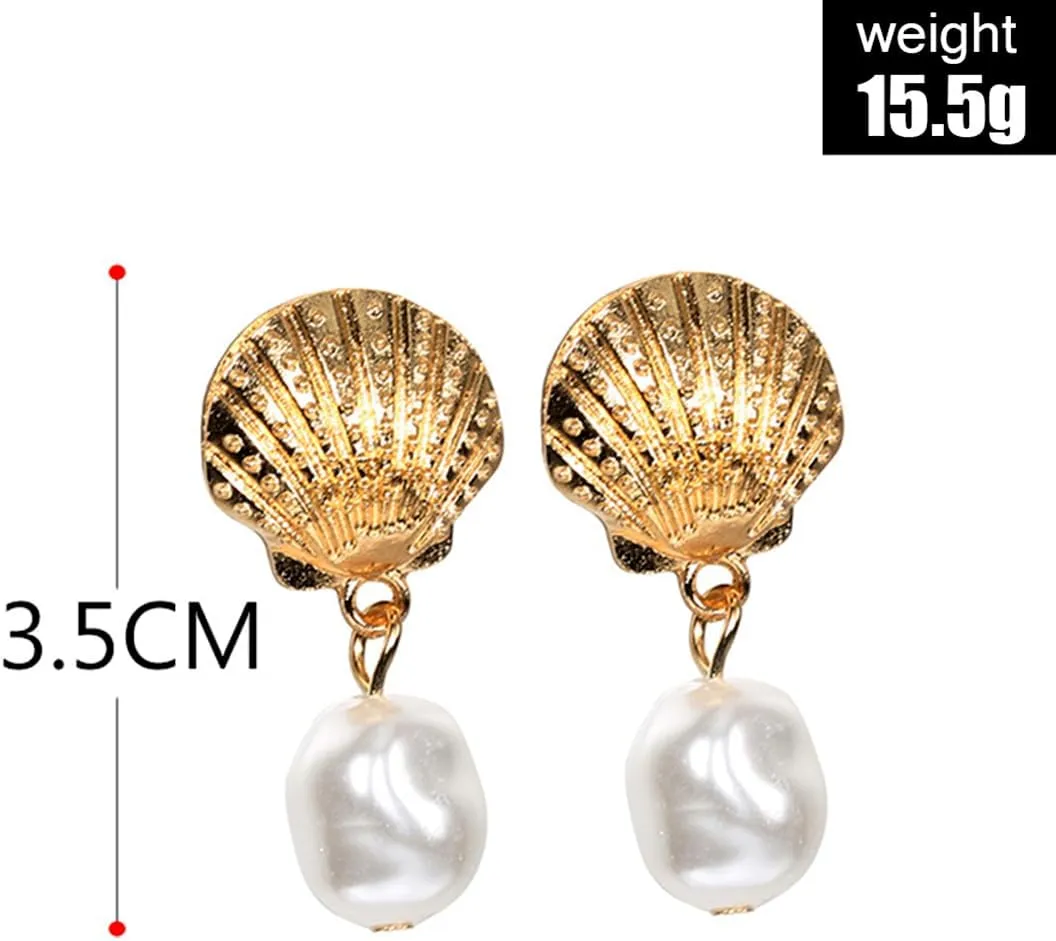 Boho Gold Pearl Shell Dangle Earrings for Women Trendy Seashell Bead Drop Earrings Minimalist Ocean Conch Earrings Beach Jewelry Gifts