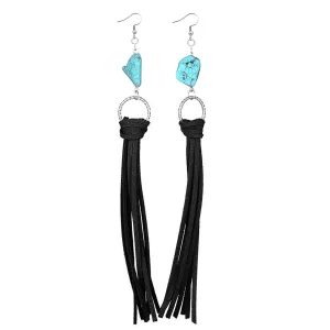 Boho Leather Tassel Earrings for Women Turquoise Earrings Long Tassel Earrings Statement Fringe Drop Earrings Summer Beach Earrings (Black)