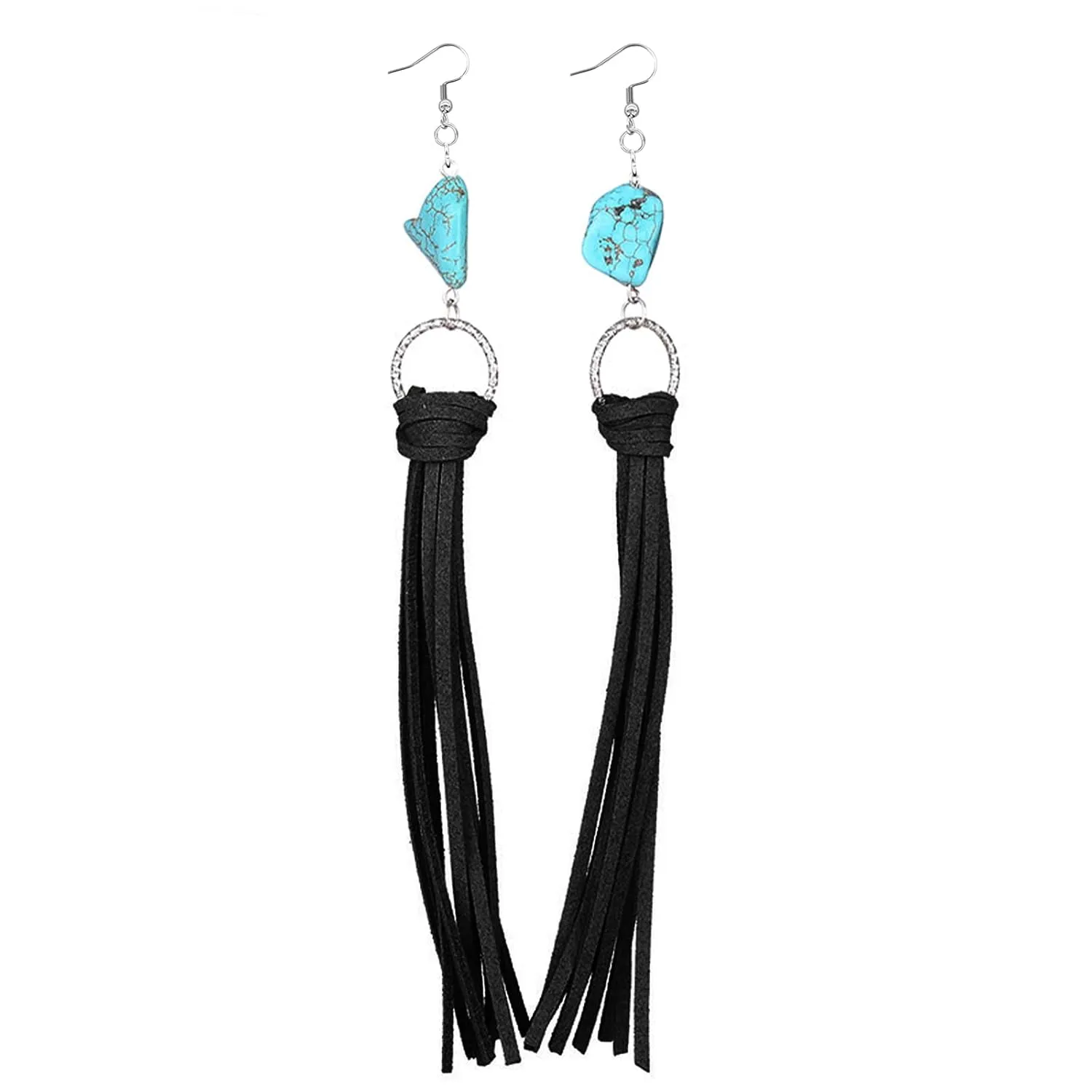 Boho Leather Tassel Earrings for Women Turquoise Earrings Long Tassel Earrings Statement Fringe Drop Earrings Summer Beach Earrings (Black)