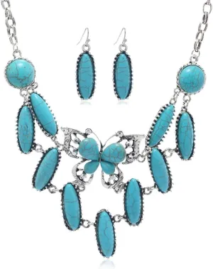 Boho Turquoise Butterfly Pendant Necklace Teardrop Dangle Earrings Jewelry Set for Women Silver Plated Elegant Bohemian Blue Birthstone Adjustable Layered Collor Chains Gifts