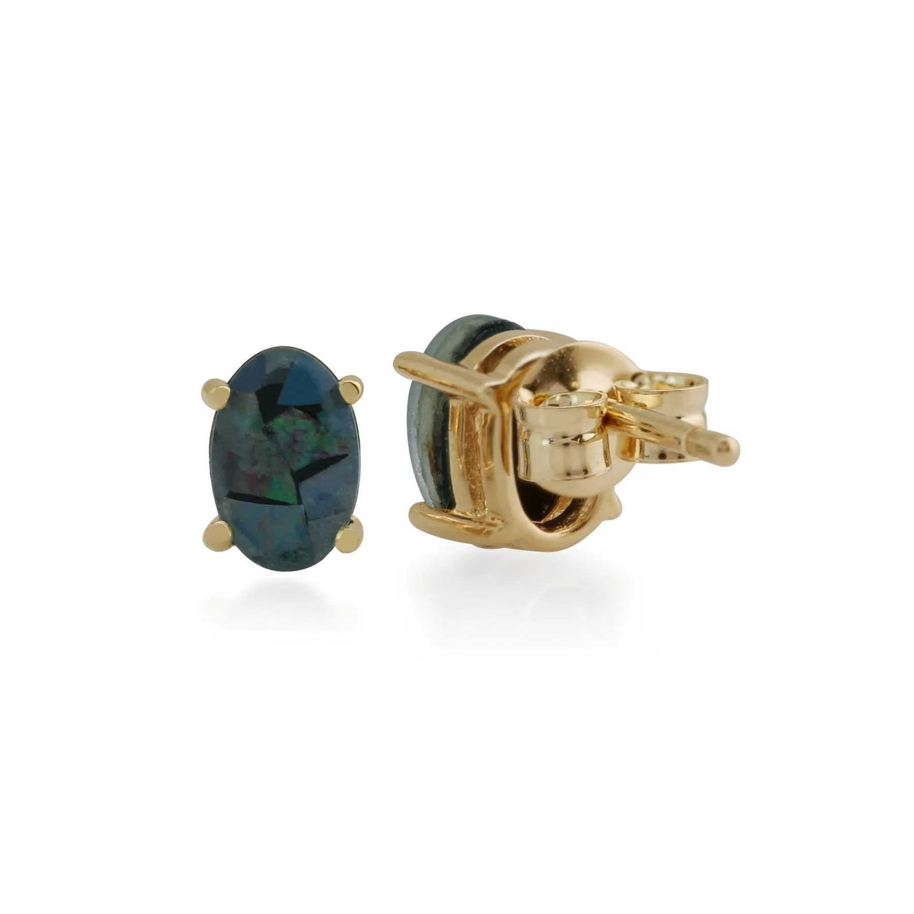 Boucles d'Oreilles Clou Classique Or Jaune 375 Opale Triplet Ovale serti Griffe