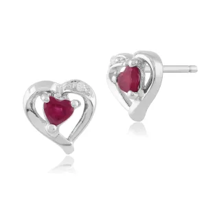 Boucles d'Oreilles Clou Cœur Classique Or Blanc 375 Rubis et Diamant