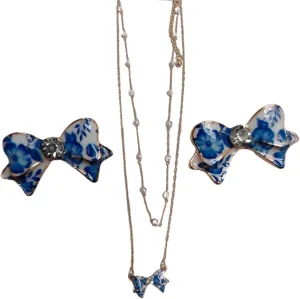 Bow Stud Earrings & Layered Necklace Set  Hypoallergenic Titanium Post & Brass Hook