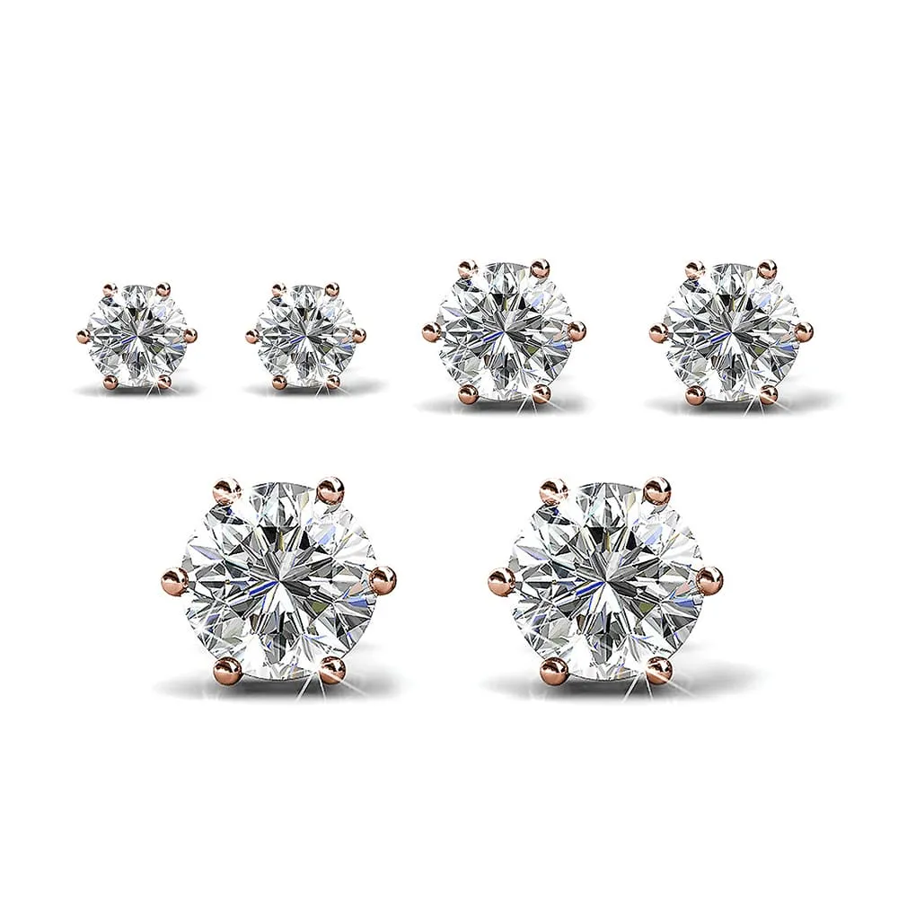 Boxed 3 Pairs Stud Earrings Set Embellished with SWAROVSKI crystals in Rose Gold