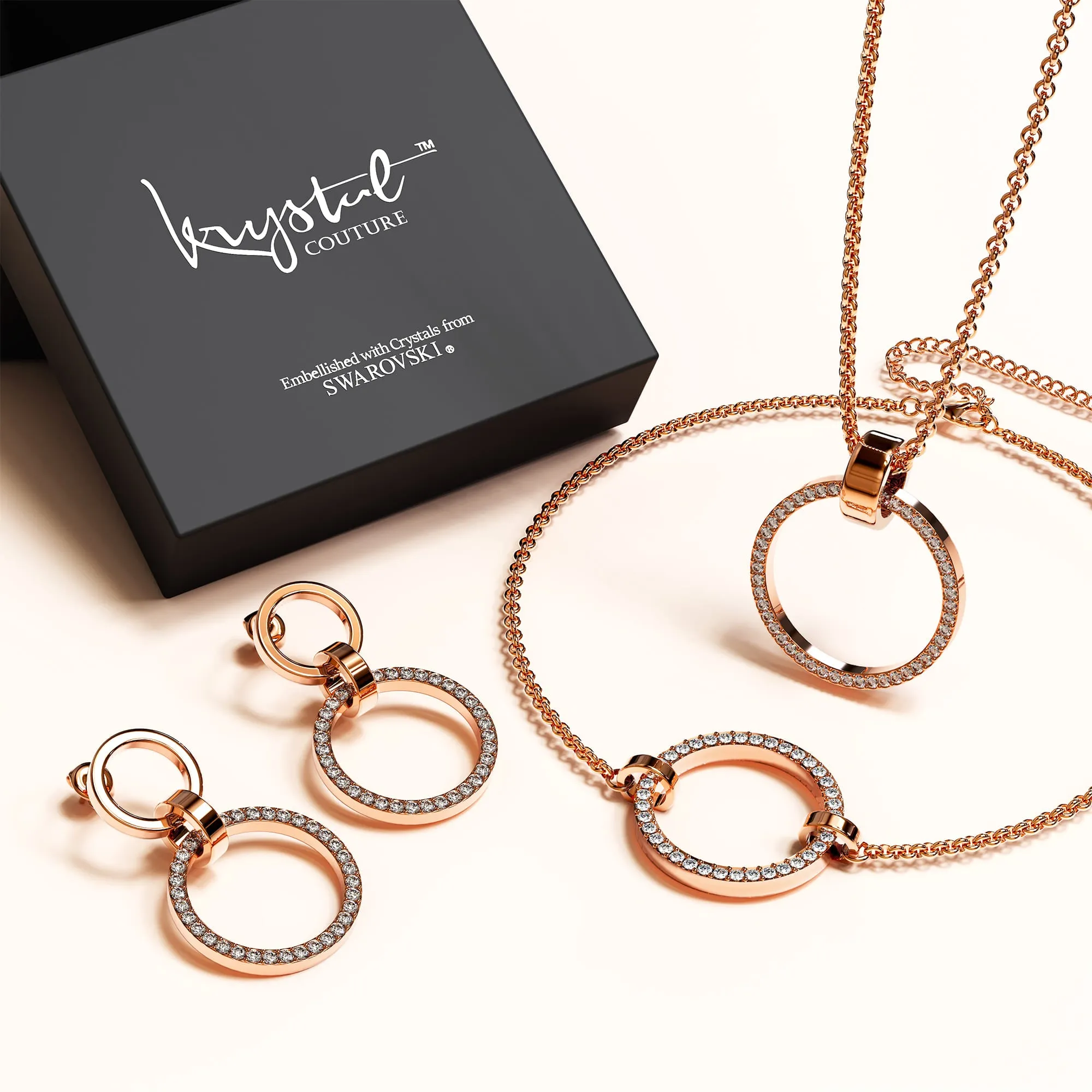Boxed Orbit Earrings, Bracelet & Necklace Set with Swarovski Crystal in Rose Gold