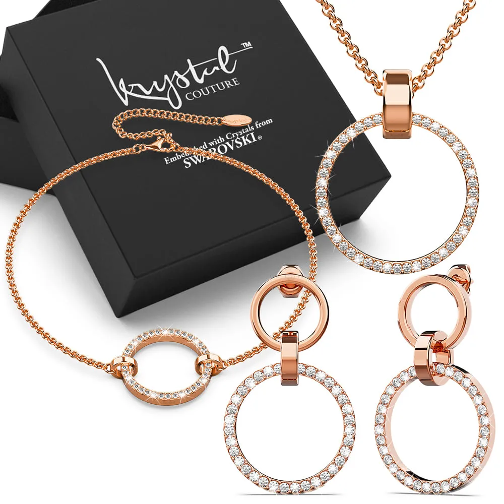 Boxed Orbit Earrings, Bracelet & Necklace Set with Swarovski Crystal in Rose Gold