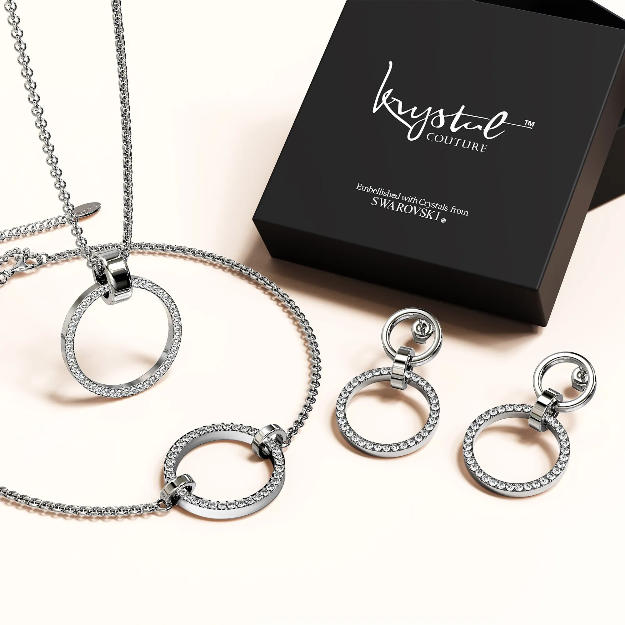 Boxed Orbit Earrings, Bracelet & Necklace Set with Swarovski Crystal in White Gold