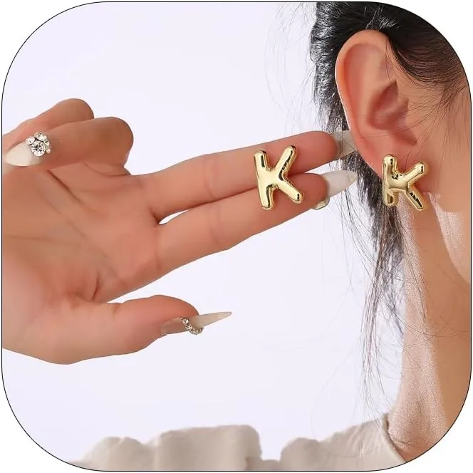 Bubble Letter Earring For Women,14k Gold Plated Dainty Balloon Initial Earrings Charm Puffy Name Personalized A-Z Alphabet Gift Jewelry