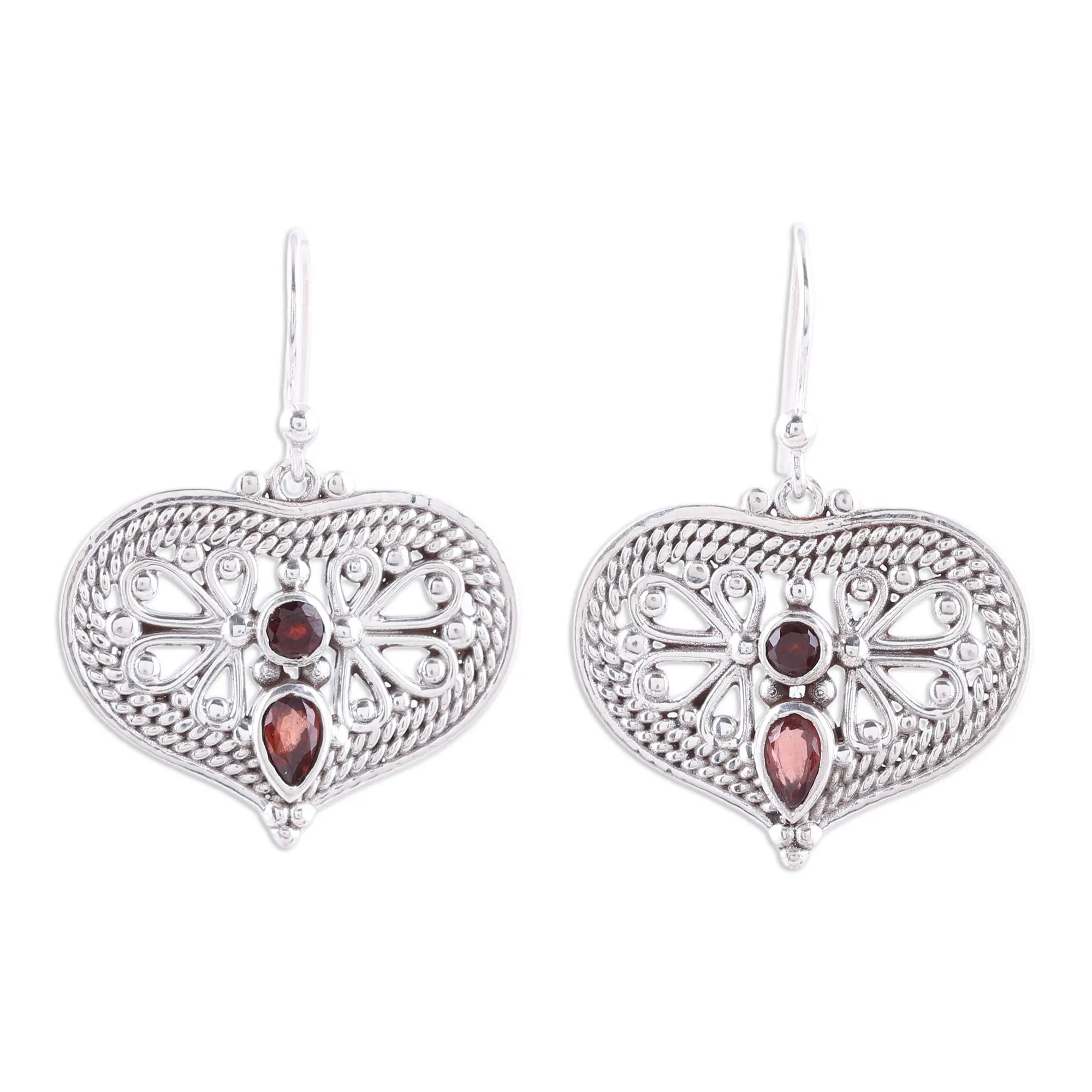 Bubbling with Love Garnet and Sterling Silver Heart Shaped Dangle Earrings