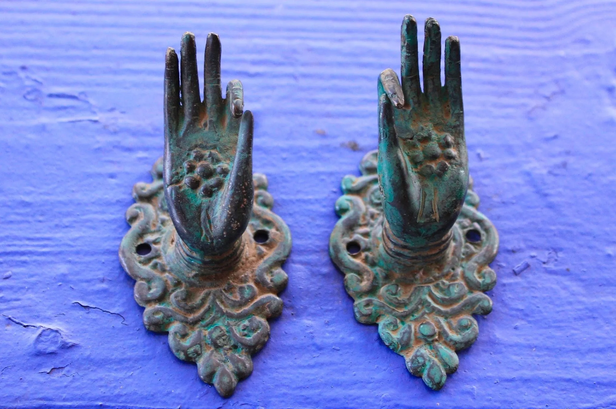Buddha Abhaya Mudra Handle Knob Hook Verdigris Bronze