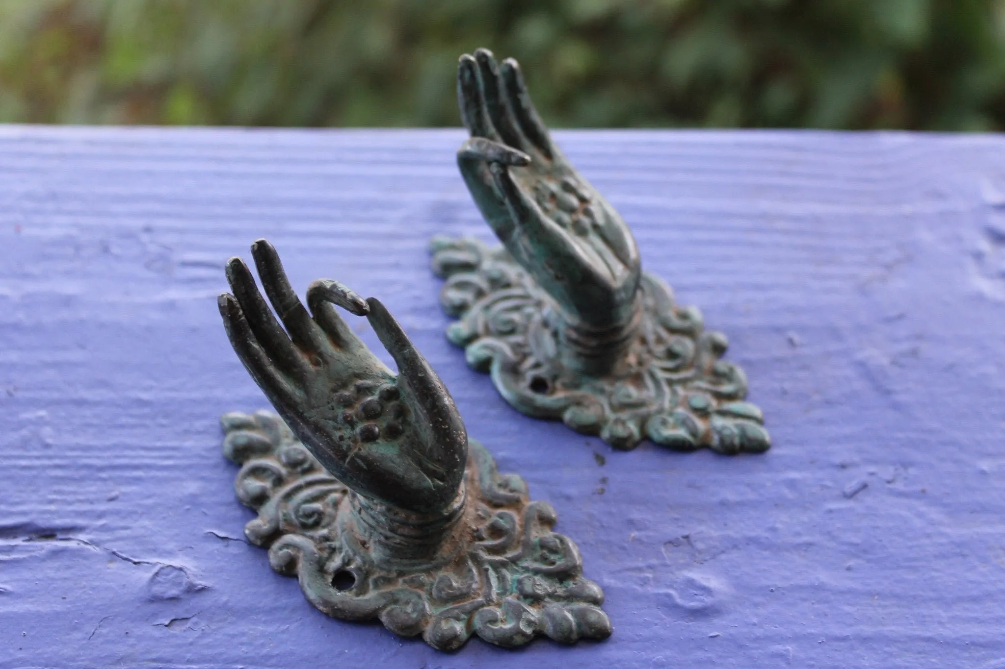 Buddha Abhaya Mudra Handle Knob Hook Verdigris Bronze