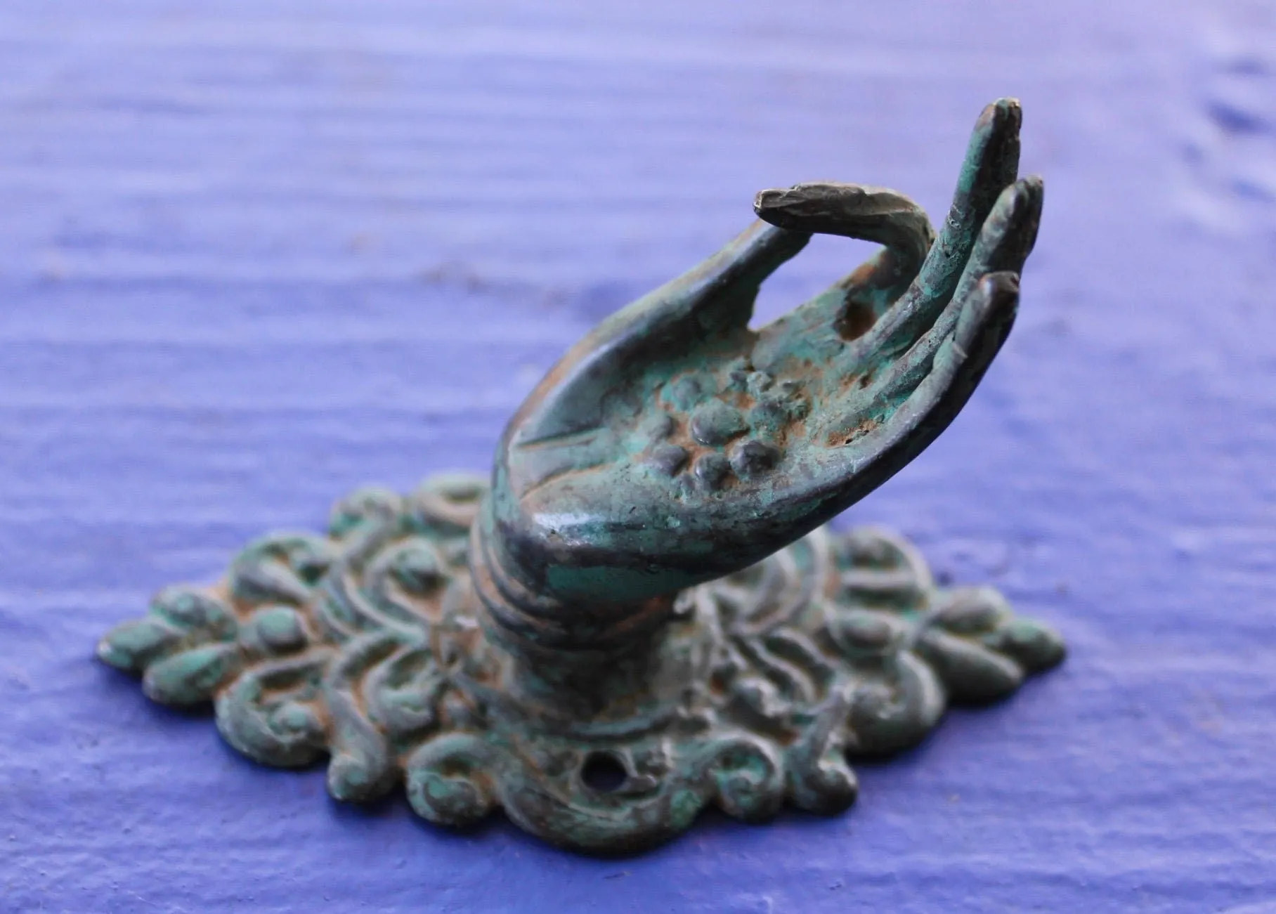 Buddha Abhaya Mudra Handle Knob Hook Verdigris Bronze