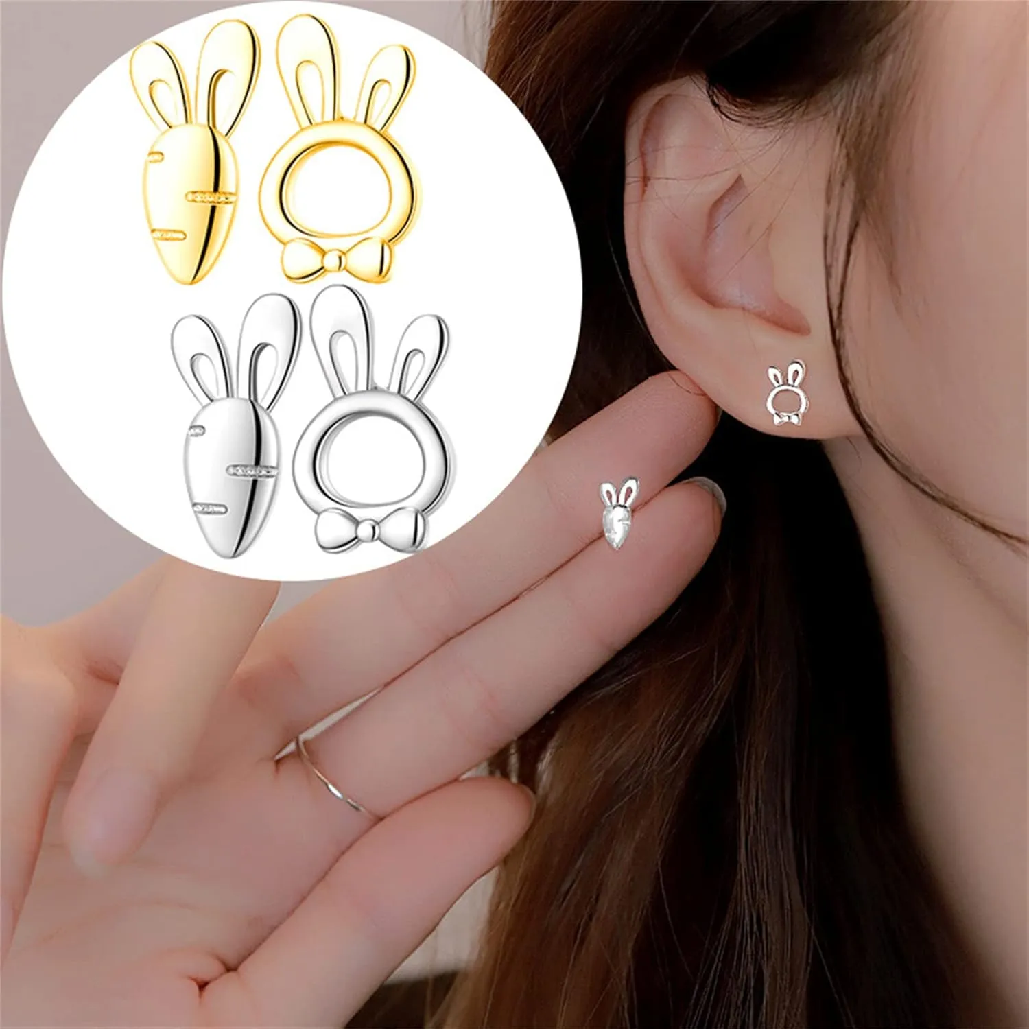 Bunny Carrot Stud Earrings for Girls Kids Minimalist Tiny Cute Gold Silver Asymmetrical Easter Animal Rabbit Hypoallergenic Post Earrings Easter Lover Jewelry Gifts (Gold)