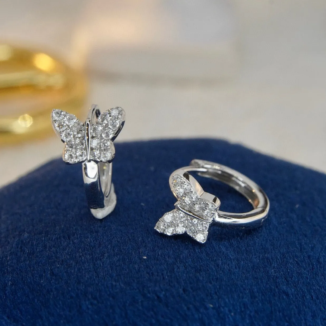 Butterfly Diamond Earrings, Dainty 18K Solid Gold Diamond Butterfly Hoop Earrings, everyday wear earrings