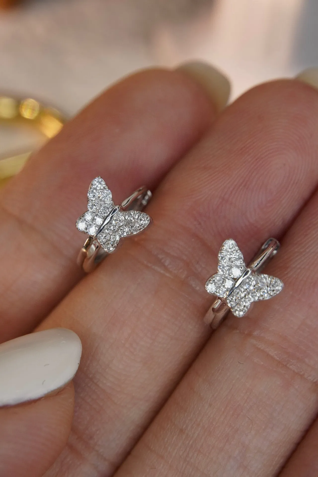 Butterfly Diamond Earrings, Dainty 18K Solid Gold Diamond Butterfly Hoop Earrings, everyday wear earrings